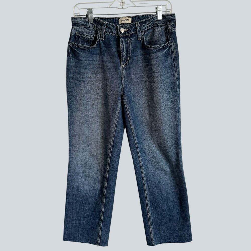 L'AGENCE Low Rise Brentwood Jeans Women Blue Straight Leg Raw Hem Size 26